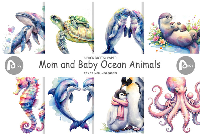 Digital Paper Watercolor Mom and Baby Ocean Animals Digital Pattern artnoy 