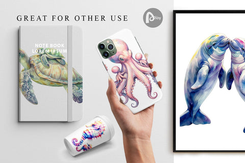 Digital Paper Watercolor Mom and Baby Ocean Animals Digital Pattern artnoy 