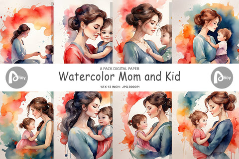 Digital Paper Watercolor Mom and Kid Digital Pattern artnoy 