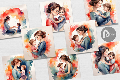 Digital Paper Watercolor Mom and Kid Digital Pattern artnoy 