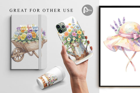 Digital Paper Watercolor Moms Magic Garden Tools Digital Pattern artnoy 
