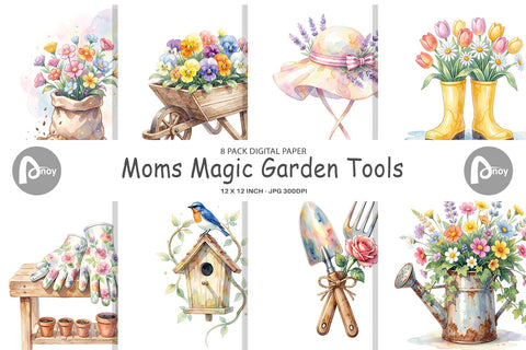 Digital Paper Watercolor Moms Magic Garden Tools Digital Pattern artnoy 