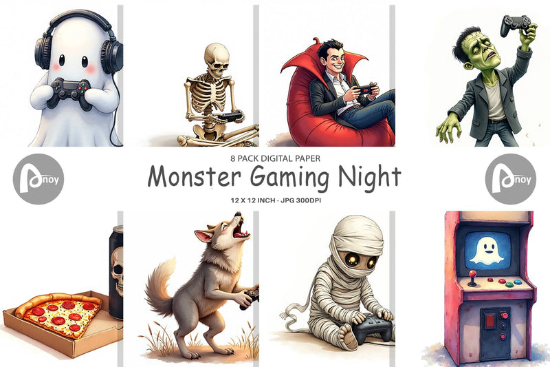 Digital Paper Watercolor Monster Gaming Night Digital Pattern artnoy 