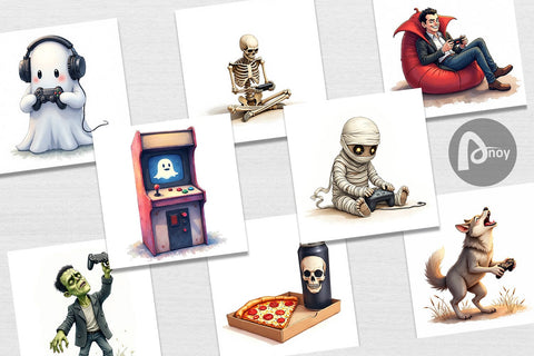 Digital Paper Watercolor Monster Gaming Night Digital Pattern artnoy 