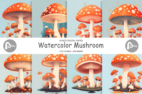 Digital Paper Watercolor Mushroom SVG artnoy 