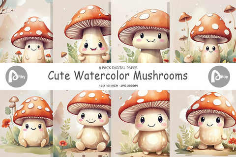 Digital Paper Watercolor Mushrooms Digital Pattern artnoy 