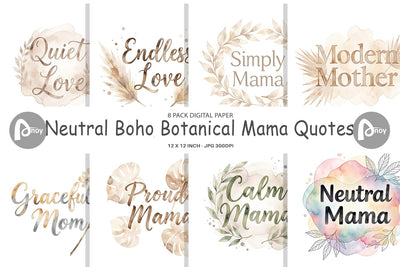 Digital Paper Watercolor Neutral Boho Botanical Mama Quotes Digital Pattern artnoy 