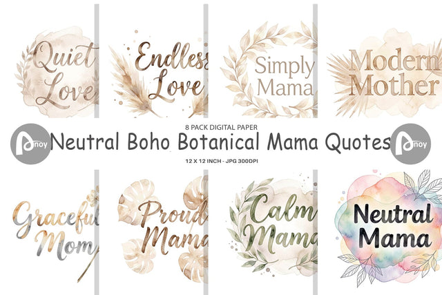 Digital Paper Watercolor Neutral Boho Botanical Mama Quotes Digital Pattern artnoy 