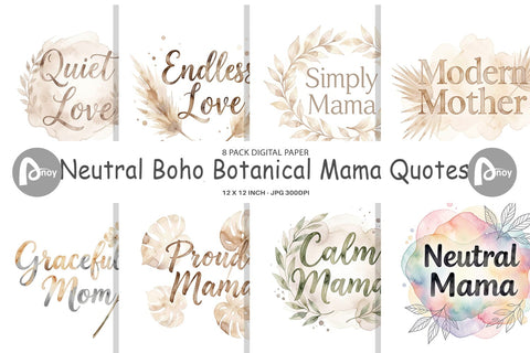 Digital Paper Watercolor Neutral Boho Botanical Mama Quotes Digital Pattern artnoy 