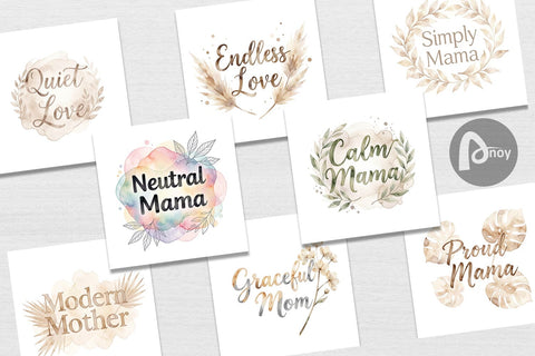 Digital Paper Watercolor Neutral Boho Botanical Mama Quotes Digital Pattern artnoy 