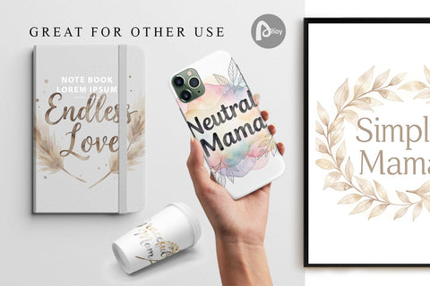 Digital Paper Watercolor Neutral Boho Botanical Mama Quotes Digital Pattern artnoy 