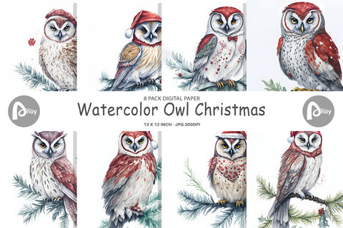 Digital Paper Watercolor Owl Christmas Digital Pattern artnoy 
