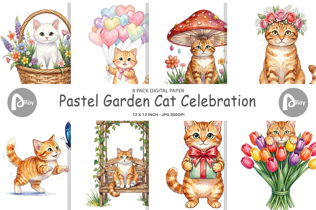 Digital Paper Watercolor Pastel Garden Cat Celebration Digital Pattern artnoy 