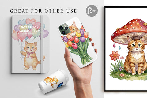 Digital Paper Watercolor Pastel Garden Cat Celebration Digital Pattern artnoy 