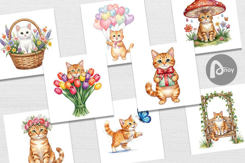 Digital Paper Watercolor Pastel Garden Cat Celebration Digital Pattern artnoy 