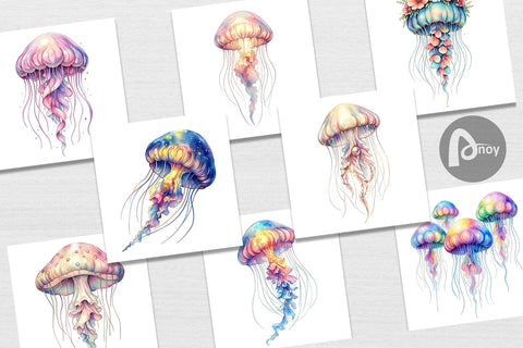 Digital Paper Watercolor Pastel Jellyfish Lace Ribbon Digital Pattern artnoy 