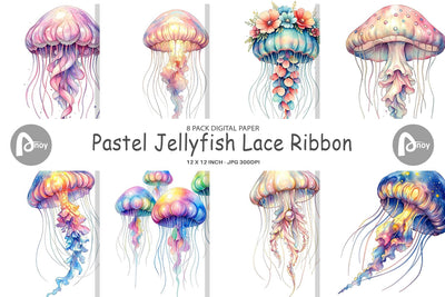 Digital Paper Watercolor Pastel Jellyfish Lace Ribbon Digital Pattern artnoy 