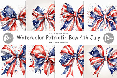 Digital Paper Watercolor Patriotic Bow Digital Pattern artnoy 
