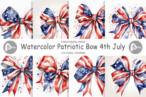 Digital Paper Watercolor Patriotic Bow Digital Pattern artnoy 