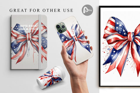 Digital Paper Watercolor Patriotic Bow Digital Pattern artnoy 