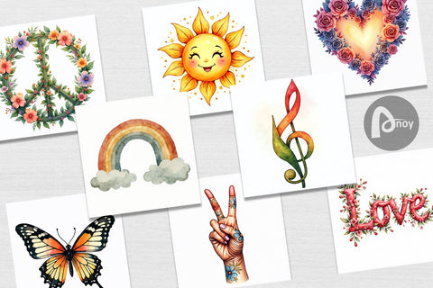 Digital Paper Watercolor Peace & Petals 70s Symbols & Icons Digital Pattern artnoy 