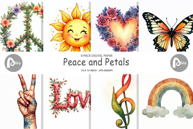 Digital Paper Watercolor Peace & Petals 70s Symbols & Icons Digital Pattern artnoy 