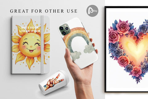 Digital Paper Watercolor Peace & Petals 70s Symbols & Icons Digital Pattern artnoy 