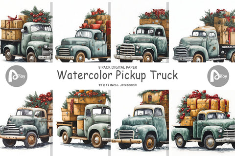 Digital Paper Watercolor Pickup Truck Digital Pattern artnoy 