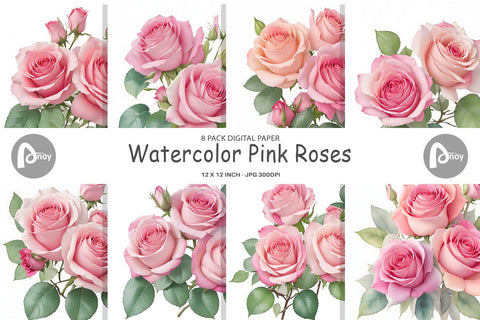 Digital paper Watercolor Pink Roses Digital Pattern artnoy 