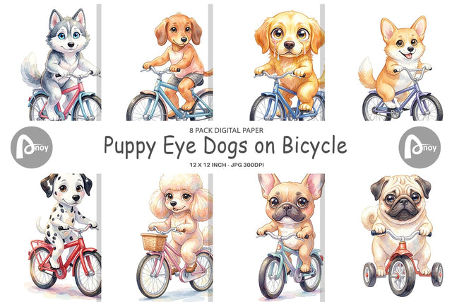 Digital Paper Watercolor Puppy Eye Dogs on Bicycle Digital Pattern artnoy 