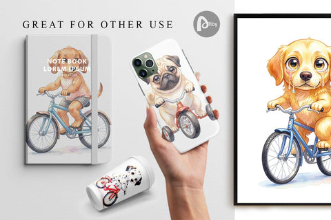 Digital Paper Watercolor Puppy Eye Dogs on Bicycle Digital Pattern artnoy 