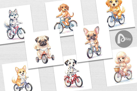 Digital Paper Watercolor Puppy Eye Dogs on Bicycle Digital Pattern artnoy 