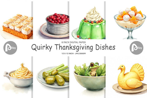 Digital Paper Watercolor Quirky Thanksgiving Dishes Digital Pattern artnoy 