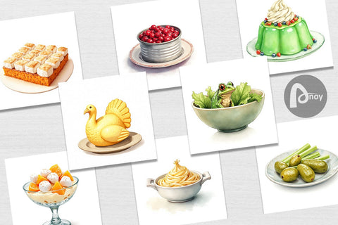 Digital Paper Watercolor Quirky Thanksgiving Dishes Digital Pattern artnoy 