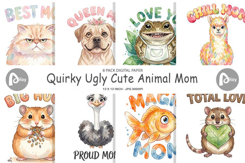 Digital Paper Watercolor Quirky Ugly Cute Animal Mom Sublimation artnoy 