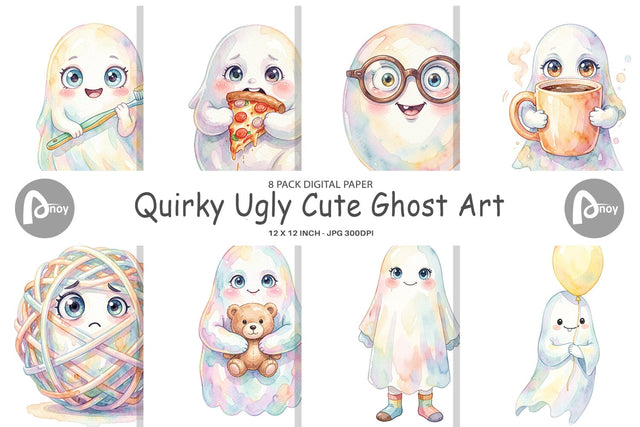 Digital Paper Watercolor Quirky Ugly Cute Ghost Art Sublimation artnoy 