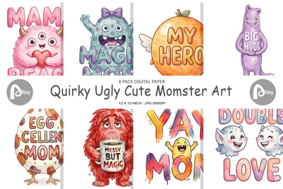 Digital Paper Watercolor Quirky Ugly Cute Momster Art Quotes Digital Pattern artnoy 