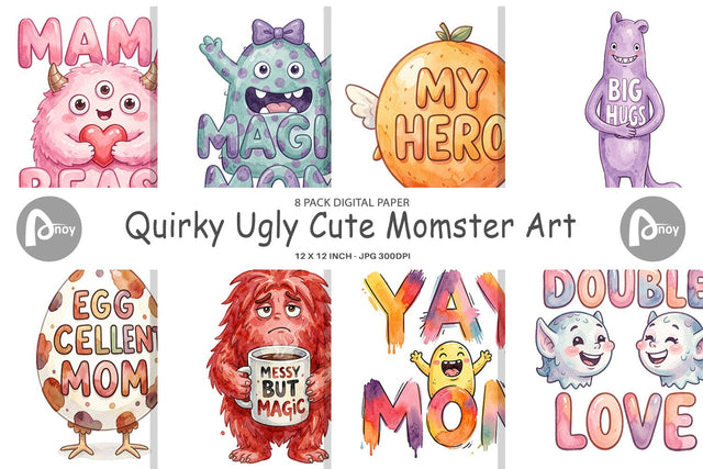 Digital Paper Watercolor Quirky Ugly Cute Momster Art Quotes Digital Pattern artnoy 
