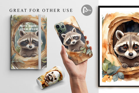 Digital Paper Watercolor Raccoon Digital Pattern artnoy 