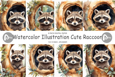 Digital Paper Watercolor Raccoon Digital Pattern artnoy 