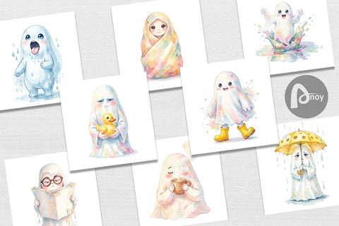 Digital Paper Watercolor Rainy Day Ugly Cute Ghost Sublimation artnoy 