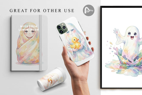 Digital Paper Watercolor Rainy Day Ugly Cute Ghost Sublimation artnoy 