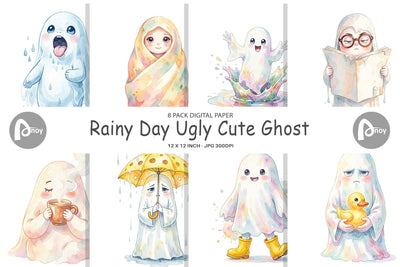Digital Paper Watercolor Rainy Day Ugly Cute Ghost Sublimation artnoy 