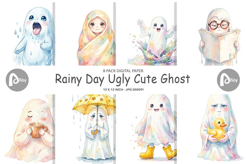 Digital Paper Watercolor Rainy Day Ugly Cute Ghost Sublimation artnoy 