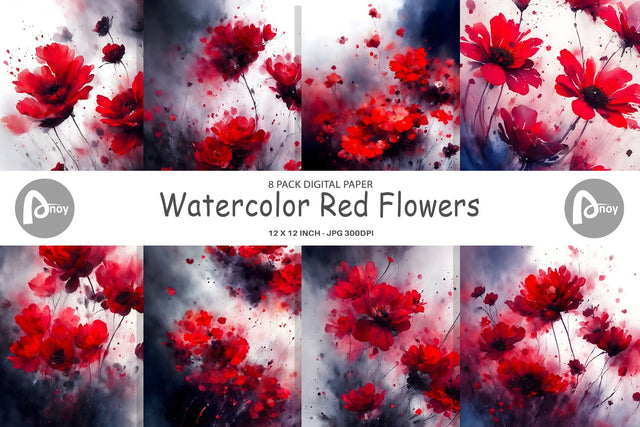 Digital Paper Watercolor Red Flowers Digital Pattern artnoy 