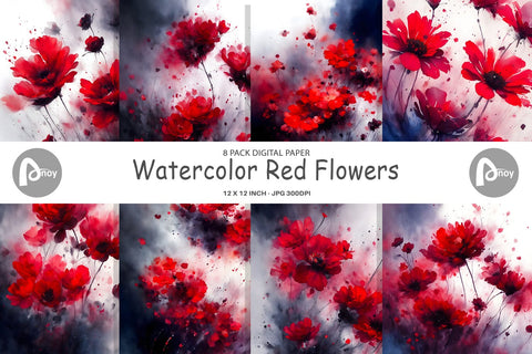 Digital Paper Watercolor Red Flowers Digital Pattern artnoy 
