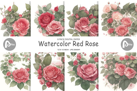 Digital Paper Watercolor Red Rose Digital Pattern artnoy 