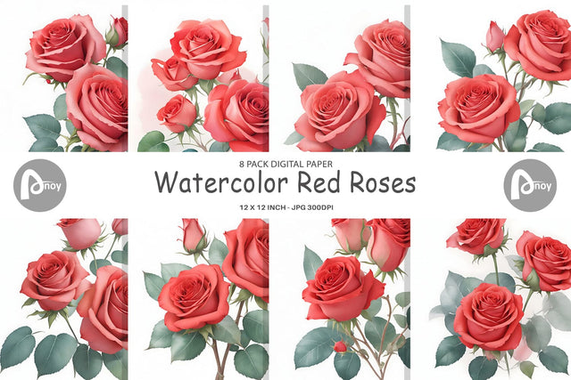 Digital paper Watercolor Red Roses Digital Pattern artnoy 