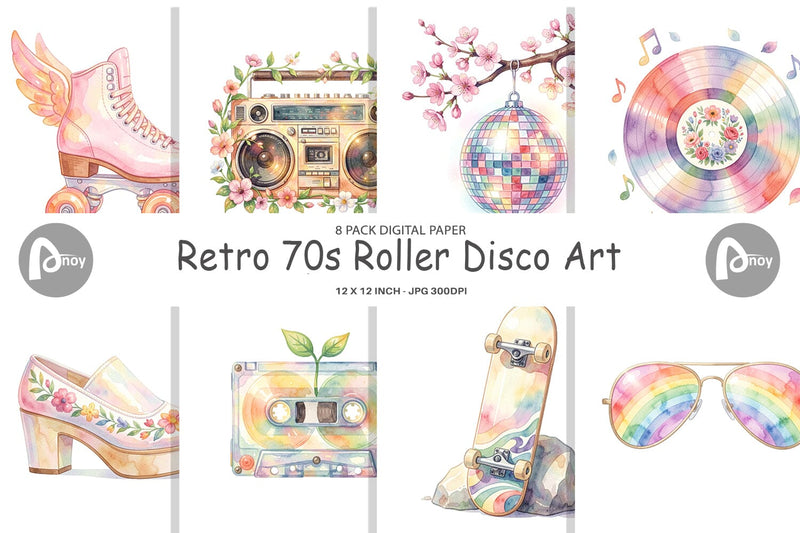 Digital Paper Watercolor Retro 70s Roller Disco Art Digital Pattern artnoy 