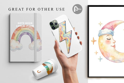Digital Paper Watercolor Retro 70s Sun And Celestial Digital Pattern artnoy 